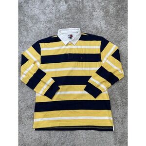 Tommy Hilfiger Shirt Mens XL Yellow Navy Striped Rugby Long Sleeve Vintage 2000s